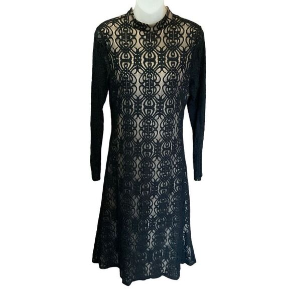Forever 21 Midi Dress Black Lace Overlay Long Sleeve Tan Lining Junior Large - Picture 1 of 12